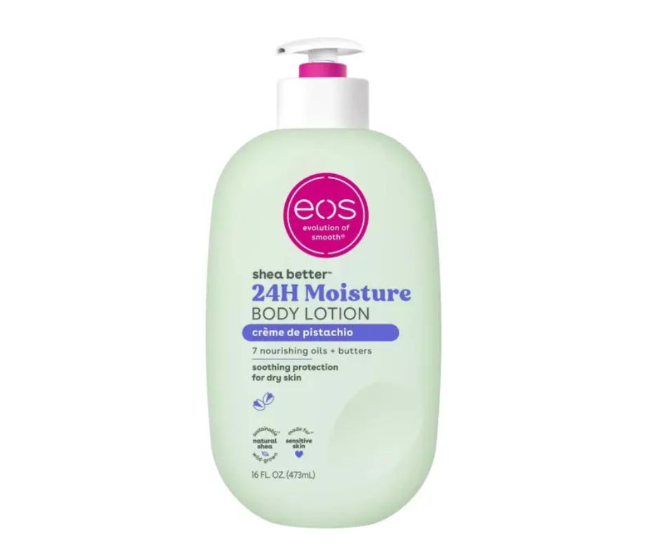 EOS body lotion bottle with pistachio flavor on a white background