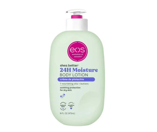 EOS body lotion bottle with pistachio flavor on a white background