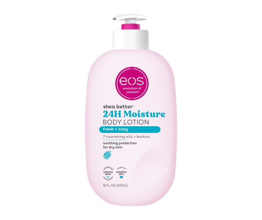 Pink bottle of eos 24H Moisture Body Lotion on a white background